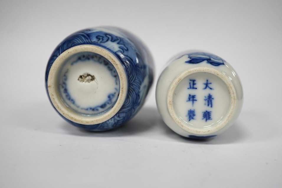 Two Chinese blue and white snuff bottles, 7.5cm. Condition - good